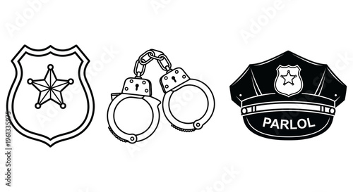 Police badge and handcuffs alongside parlol officer hat