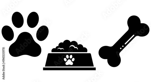 Black silhouettes of a dog paw print, dog food bowl, and dog bone on white background