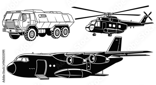 Military vehicles and aircraft including helicopter and transport plane