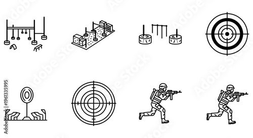 Military tactical training exercises with targets and soldiers in action