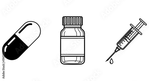 Medical icons including a pill bottle and syringe