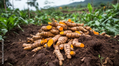 Fresh raw turmeric piled on rich soil in a turmeric plantation farm during harvest season