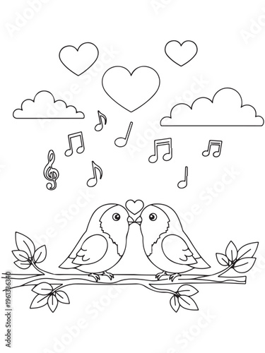 Valentine lovebirds with heart clouds and musical notes coloring pages
