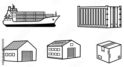 Cargo ship and shipping containers with warehouse storage facilities for logistics and transportation
