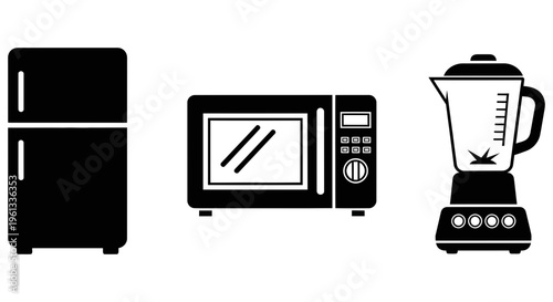 Black silhouettes of kitchen appliances on white background