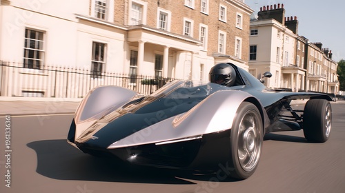 A stylish futuristic car speeding on road. The car is sleek with a sporty design and a unique color scheme, with buildings in the background.