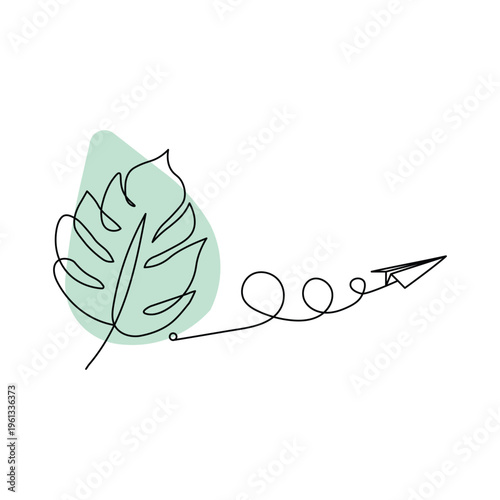 Minimalist One Line Art of Monstera Leaf and Flying Paper Plane - Abstract Nature and Travel Concept Vector Illustration for T-Shirt Design