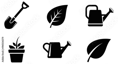 Gardening tools and plant icons in black silhouette style