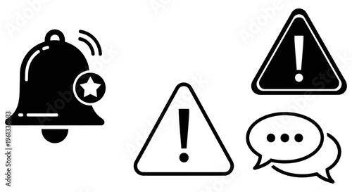 Notification icons with warning signs and speech bubble