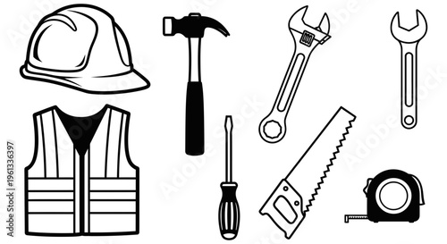 Construction worker tools and safety equipment illustration