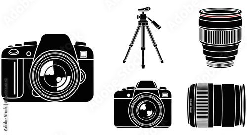 Camera equipment illustration including cameras and lenses