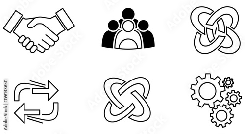Business partnership and teamwork icons including handshake, people, interlocking gears and arrows