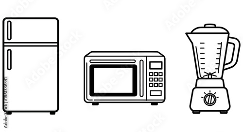 Kitchen appliances including refrigerator microwave and blender