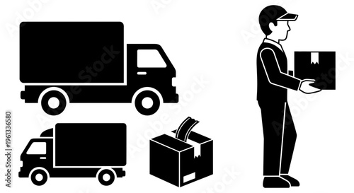 Delivery worker handling packages with trucks and box