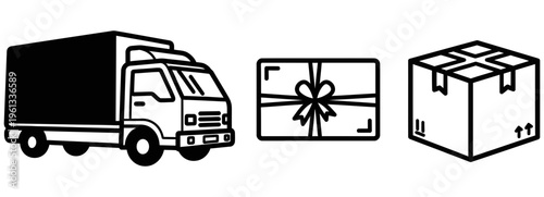 Delivery truck with a wrapped gift and cardboard box for shipping