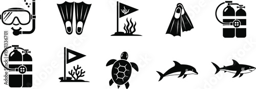 Scuba diving icons collection with snorkel mask, fins, oxygen tanks and marine animals isolated on white background for underwater adventure and ocean exploration design