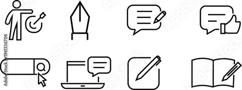Collection of eight black and white line art icons for communication and writing vector