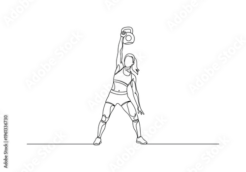 Strong Woman Workout. Minimalistic one-line drawing female athlete lifting kettlebell during strength training session, continuous single black line on white