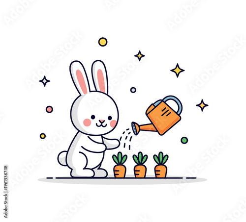 Cute bunny watering carrots cheerful little bunny gently watering a small carrot patch with a watering can creating a playful garden care moment. Minimalist