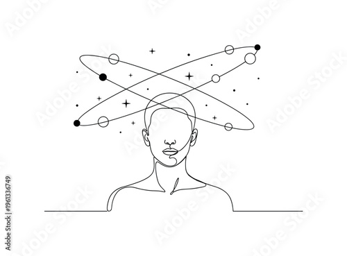 Inner Cosmos. Minimalistic one-line drawing human figure with circular orbit and small celestial bodies surrounding the mind, continuous single black line on