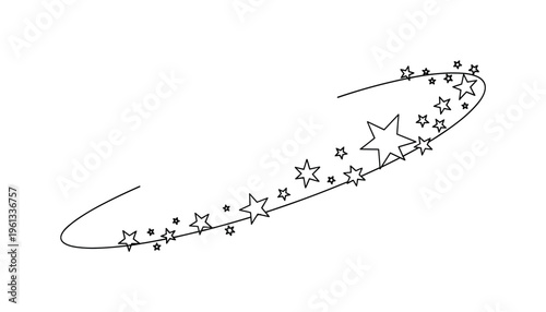 Minimal Abstract Universe. Minimalistic one-line drawing curved orbit line with scattered star symbols creating cosmic abstraction, continuous single black