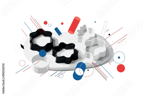 cookie cutter shapes composition with floating geometric lines circles and cylinders, black and white metal cookie cutters pressing dough with paper cut-out