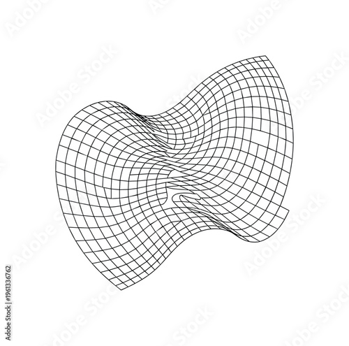 Dynamic Mesh Grid. Minimalistic one-line drawing flexible grid structure bending in fluid organic motion, continuous single black line on white background,