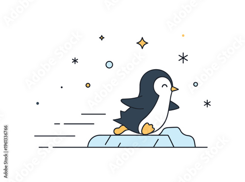 Playful penguin sliding scene little penguin joyfully sliding along a frozen ice patch leaving soft motion lines behind. Minimalist flat vector illustration,