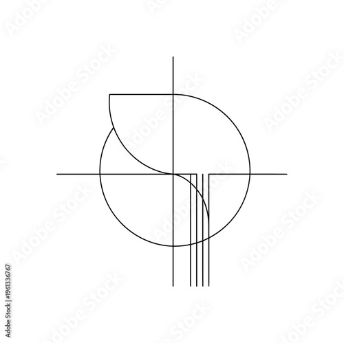 Modern Geometric Composition. Minimalistic one-line drawing abstract geometric forms including arcs and straight lines arranged in balance, continuous single