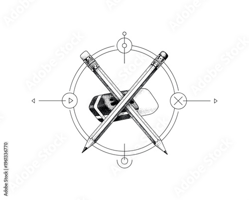 pencil and eraser crossed, circular frames thin lines and geometric symbols forming simple design element, black and white vintage drawing pencil and eraser