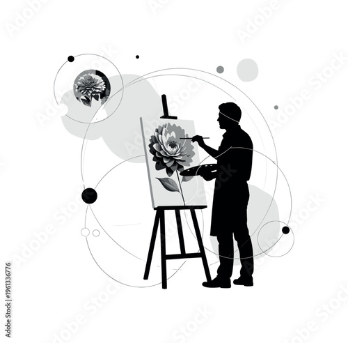 painter silhouette standing at easel, circular halos thin lines and abstract shapes forming calm studio scene, black and white silhouette painting large flower