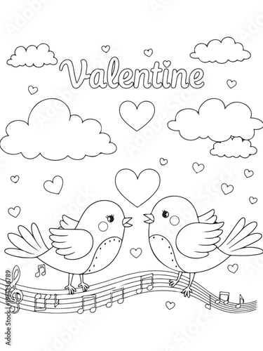 Valentine lovebirds with heart clouds and musical notes coloring pages