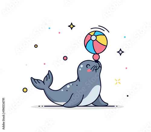 Cute seal balancing a ball adorable little seal sitting on its belly while balancing a colorful ball on its nose, creating a playful circus-like moment.