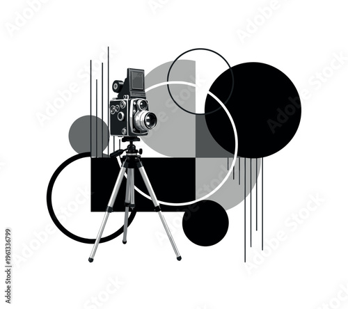 tripod with mounted camera, geometric circles vertical lines and abstract shapes forming stable composition, black and white retro camera standing on tripod