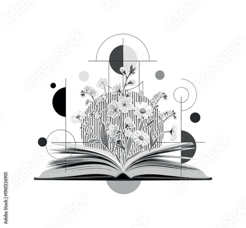 open book with butterflies flying out, concentric circles curved lines and geometric dots radiating light spring motion, black and white vintage book releasing