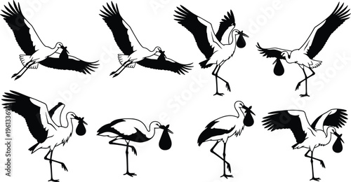 Black and white stork bird silhouette set flying and standing while carrying baby bundles in beak for newborn arrival and pregnancy announcement concepts
