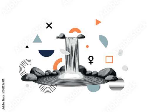 river waterfall scene with geometric circles semicircles and symbolic shapes, black and white waterfall flowing into river basin surrounded by rocks with
