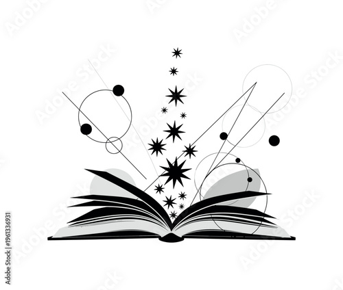 open astrology book with rising stars, scattered circles diagonal lines and geometric fragments suggesting cosmic knowledge, black and white book releasing