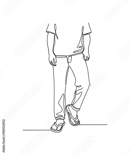 Wearing Flip Flops. Minimalistic one-line drawing person standing casually wearing flip-flops with relaxed posture, continuous single black line on white