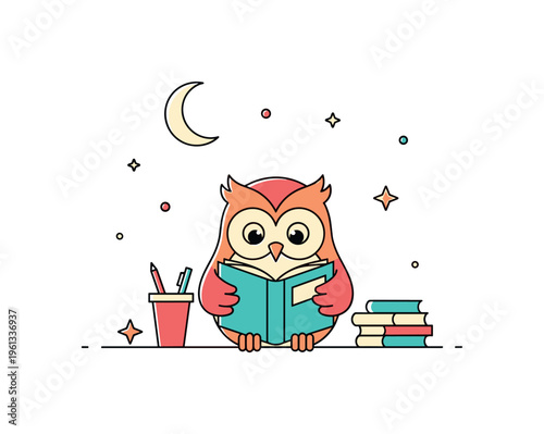 Owl studying at night playful owl reading a book while tiny star shapes float softly around the cozy scene. Minimalist flat vector illustration, compact