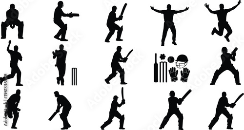 Black cricket player silhouette collection with batting bowling and fielding poses for sports club branding tournament posters leisure activity and athlete vector illustrations