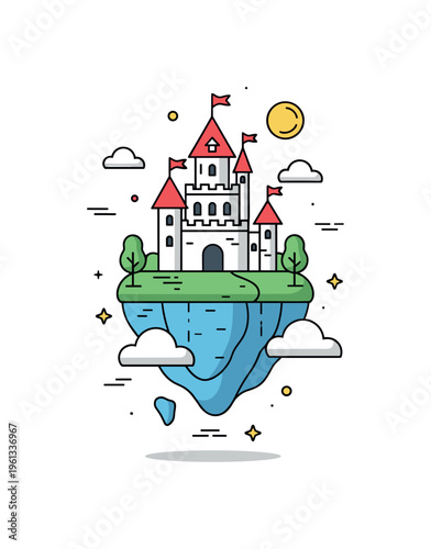 Mini fairytale castle island charming castle perched on a floating island creating a dreamy fantasy environment in the sky. Minimalist flat vector
