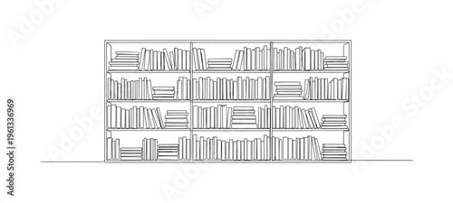 Library Bookshelves. Minimalistic one-line drawing long bookshelf with multiple levels of books in a tidy arrangement, continuous single black line on white