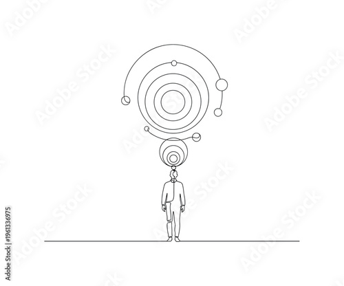 Cosmic Scale. Minimalistic one-line drawing human silhouette below large orbiting planetary circles illustrating scale of existence, continuous single black