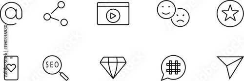 Social media icons including at symbol share video play button happy sad faces star phone network