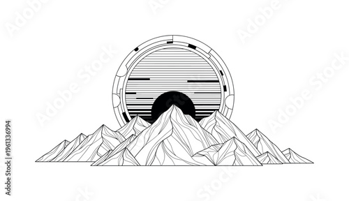 sun rising above mountain landscape, circular halo thin horizontal lines and abstract shapes forming serene harmony, black and white retro sun disc above
