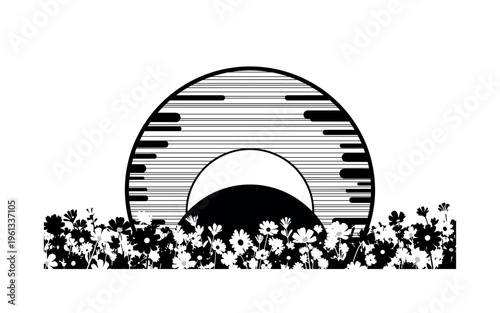 sun rising behind flower field, large circular halo thin horizontal lines and abstract shapes forming warm seasonal symbol, black and white sun disc appearing