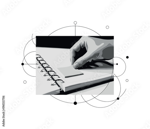hand placing sticky note in planner, circular frames curved lines and geometric dots suggesting planning flow, black and white vintage hand attaching small