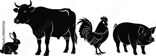 Black farm animal silhouette collection featuring cow pig rooster and rabbit for organic livestock farming branding agriculture posters and country wildlife vector illustrations