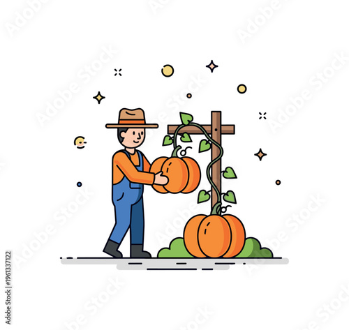 Small farmer pumpkin harvest adorable farmer picking pumpkins from vines in a tiny autumn themed garden scene. Minimalist flat vector illustration, compact